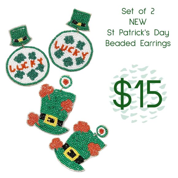NEW SET OF 2 PAIRS St Patrick's Day Seed Beaded Holiday Celebration Earrings - Picture 1 of 3
